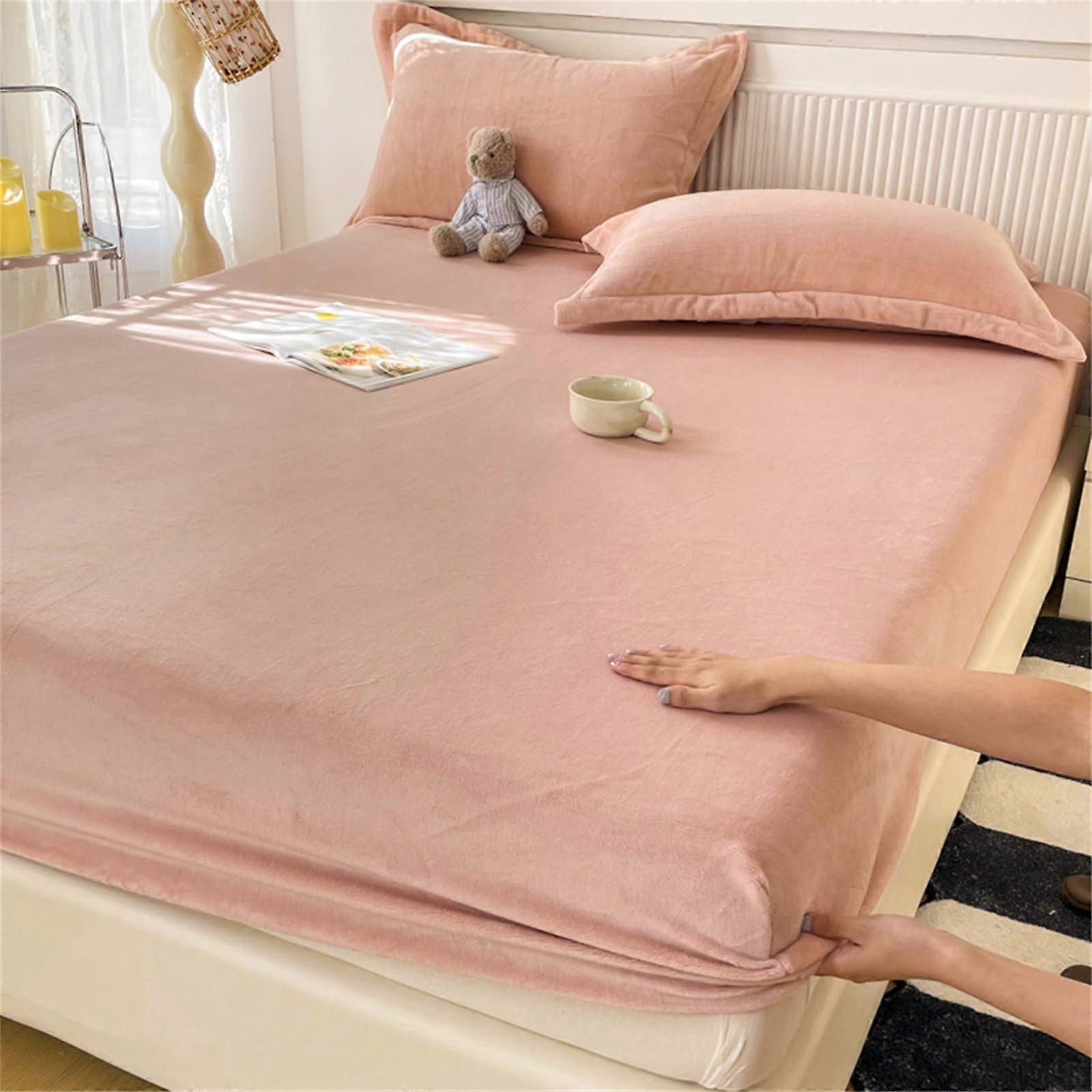 King Double Single Fitted Sheets: Solid Color Thickened Crystal Velvet, 25cm Deep Pocket, AntiSlip Pink 200x22025cm