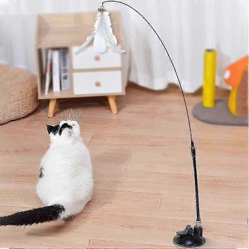 Cat Teaser Wand Toy, Cat Feather Stick With Suction Cup, Interactive Cat Toys With Feathers And Bells For Indoor Cats To Play Chase Exercise, Long Rod