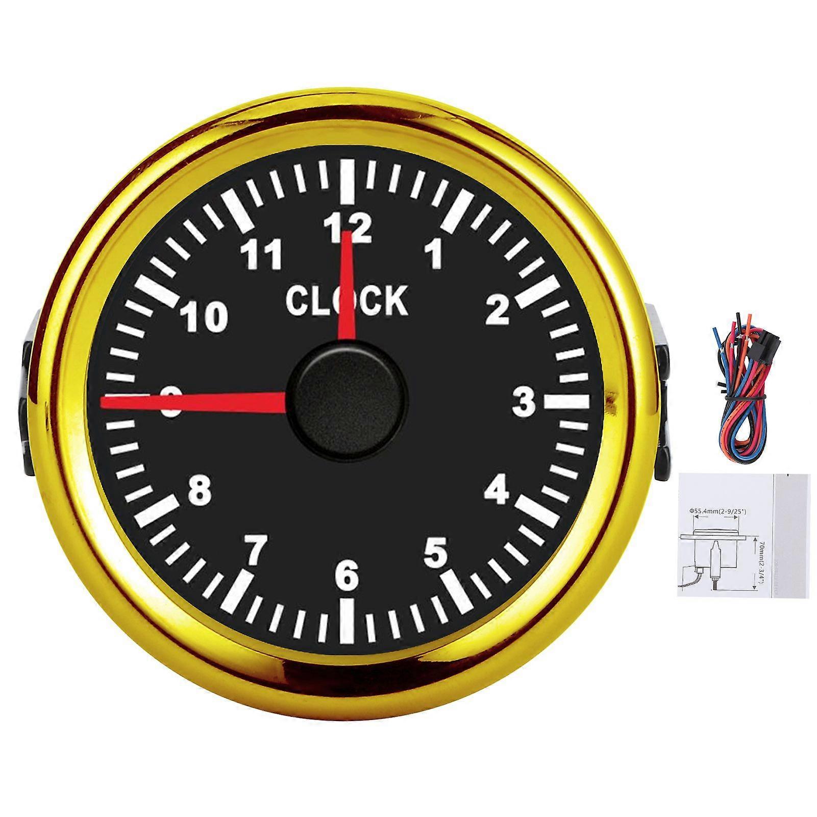 2in Universal Clock Gauge Instrument 012 Hourmeter Red Backlight 12V/24V for Car Boat Yacht MotorcycleBlack Dial Gold Frame