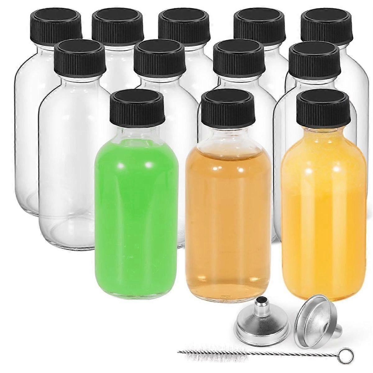 12Pack 2oz Glass Bottles with Lids Funnels, Brush, Labels- Leakproof 60 Ml Boston Round Containers f