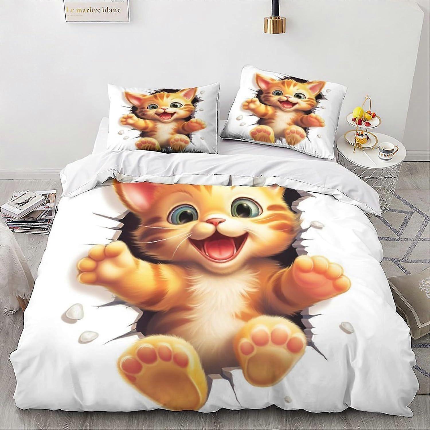 LikeEj 3 قطع غطاء لحاف القط مع أكياس وسائد ، طقم مفروشات بطبعة مع إغلاق بسحاب ، غطاء لحاف لطيف كيتي مزدوج