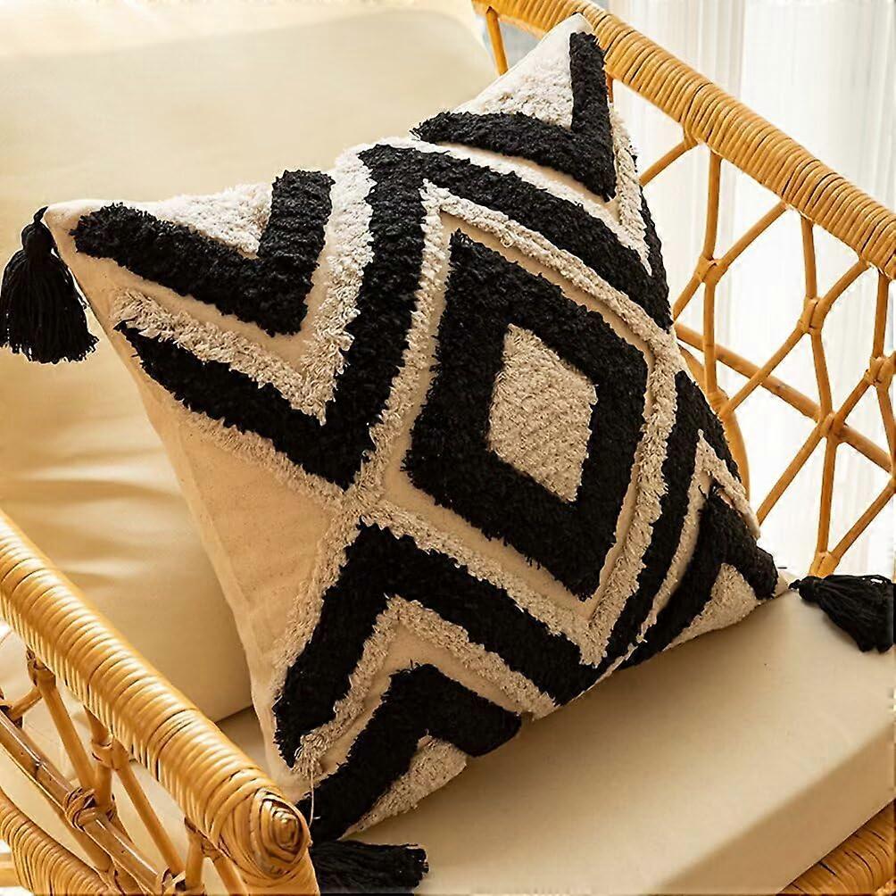 Set of 2 Boho Tufted Throw Pillow Covers 18x18 Inch Corduroy with Tassels for Sofa and Bedroom Black