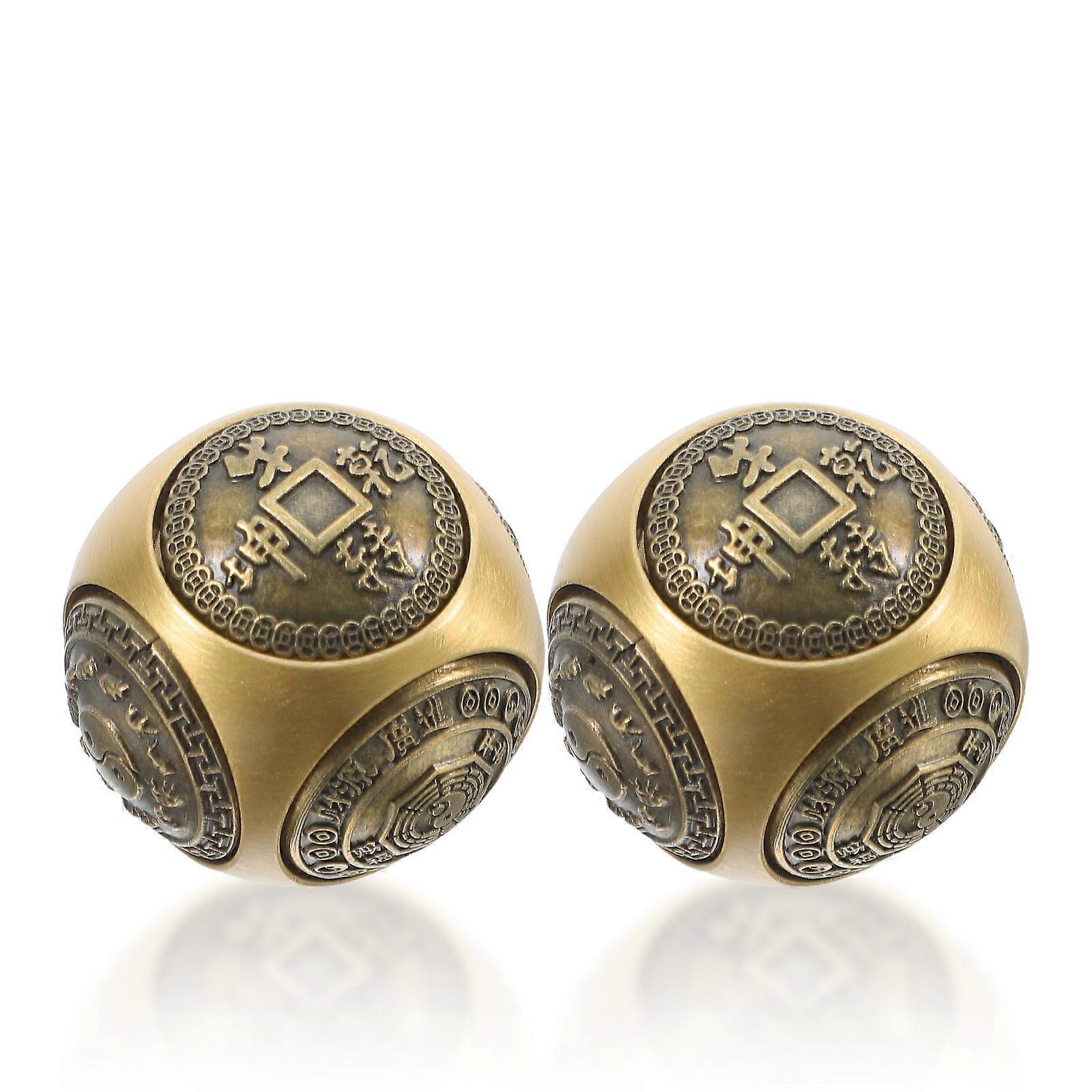 Golden Brass Baoding Balls for Hand Exercise 2Pcs Six Sided Relief Design