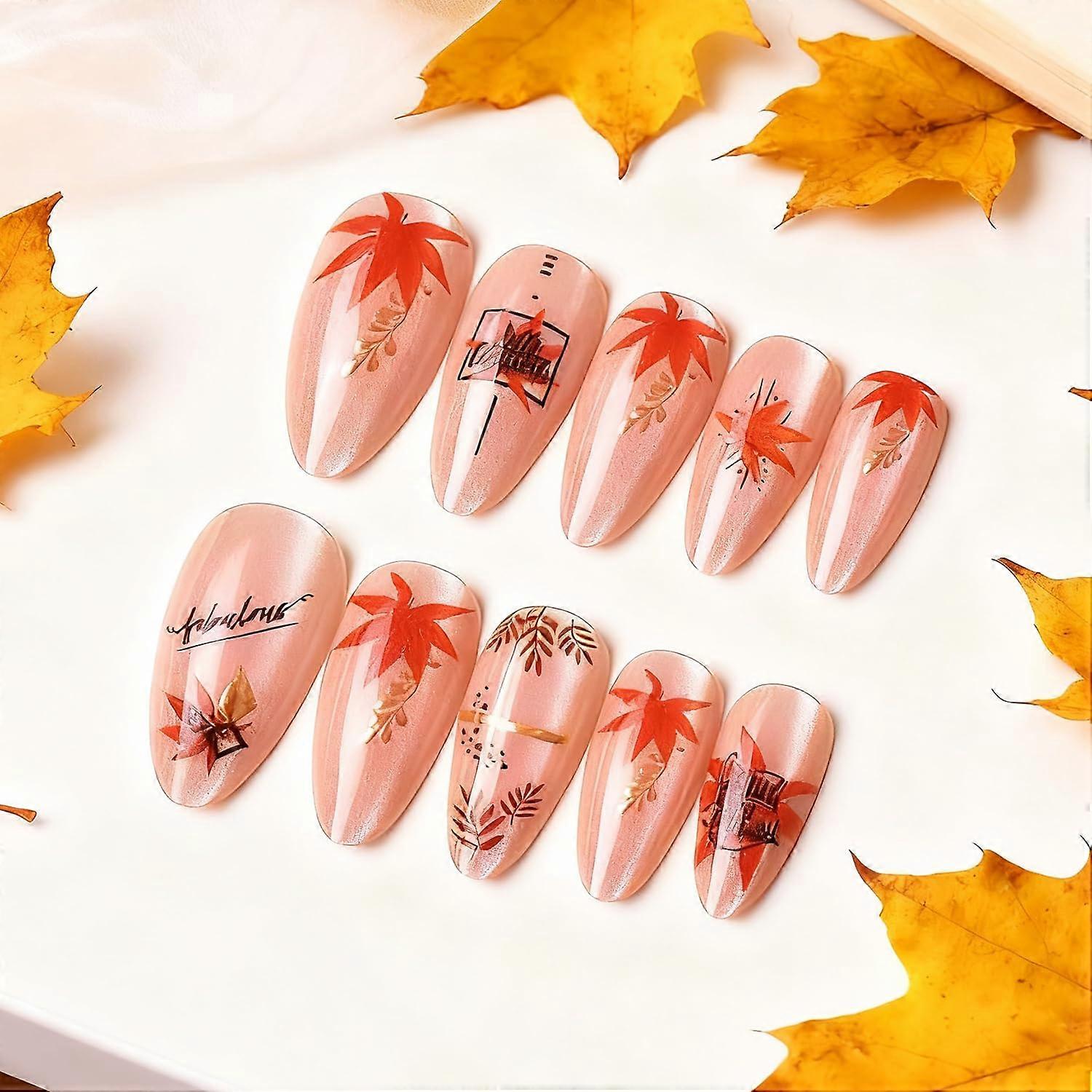24Pcs Fall Press on Nails Medium Almond Fake Nails with Maple Leaf Design Reusable Thanksgiving Set