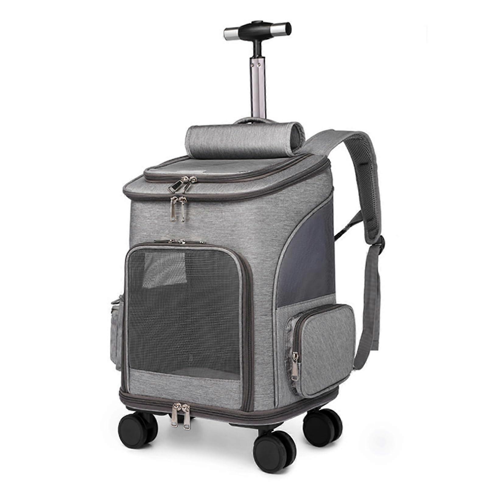 Pet Carrier Backpack with Wheels, Breathable Mesh, Telescopic Handle, Padded Straps, Grey