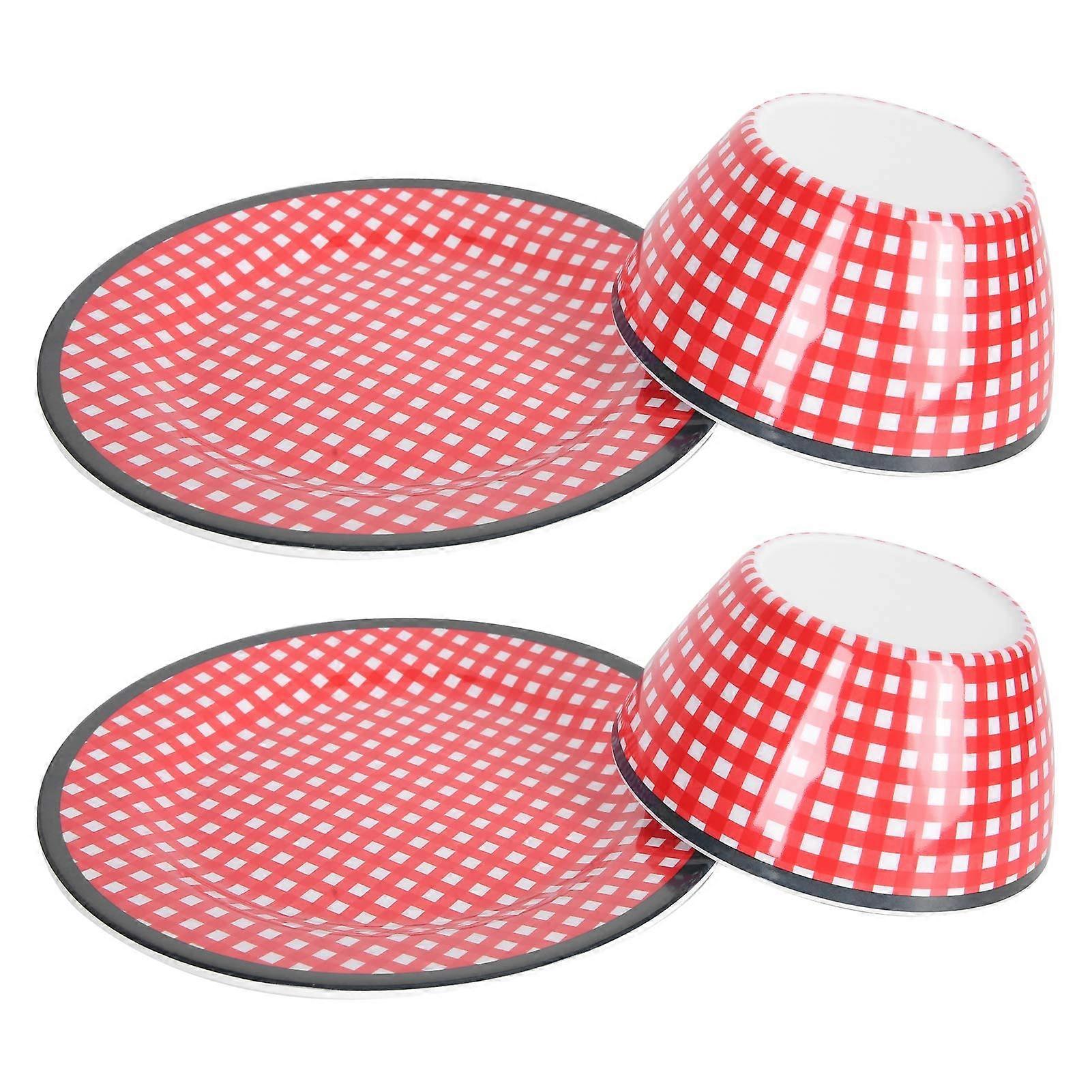 Melamine Tableware Set with Red Grid Design, PorcelainLook Dinnerware for Home and Restaurant