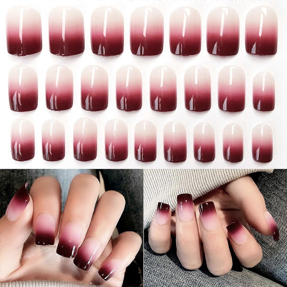 24pcs False Nails Set Gradient Acrylic, 12 Sizes Solid Color Press On Nails for Women