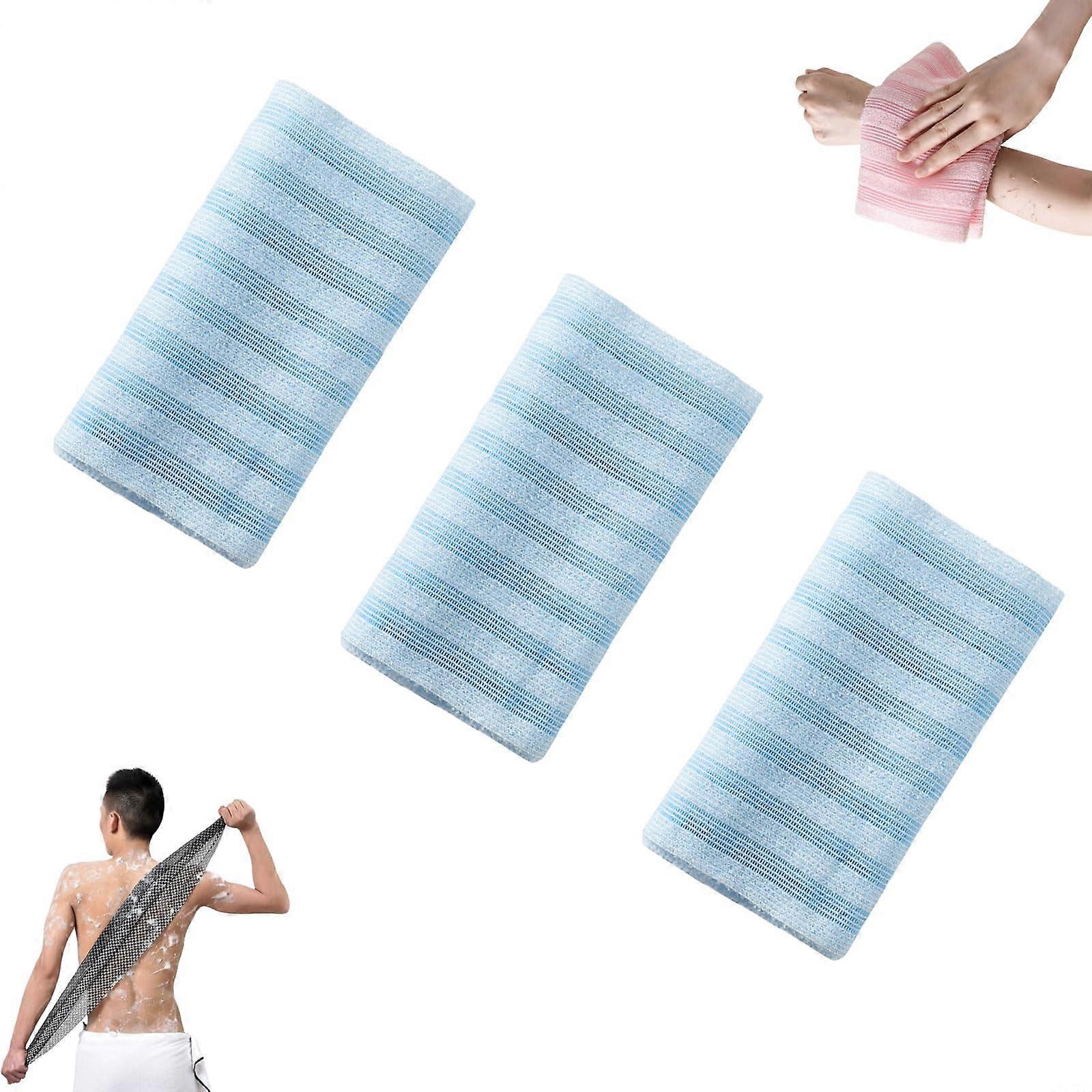 Exfoliating Shower Towel 3PCS Blue Set with Extra Long Back Scrubber, Dual Texture, Quick Dry