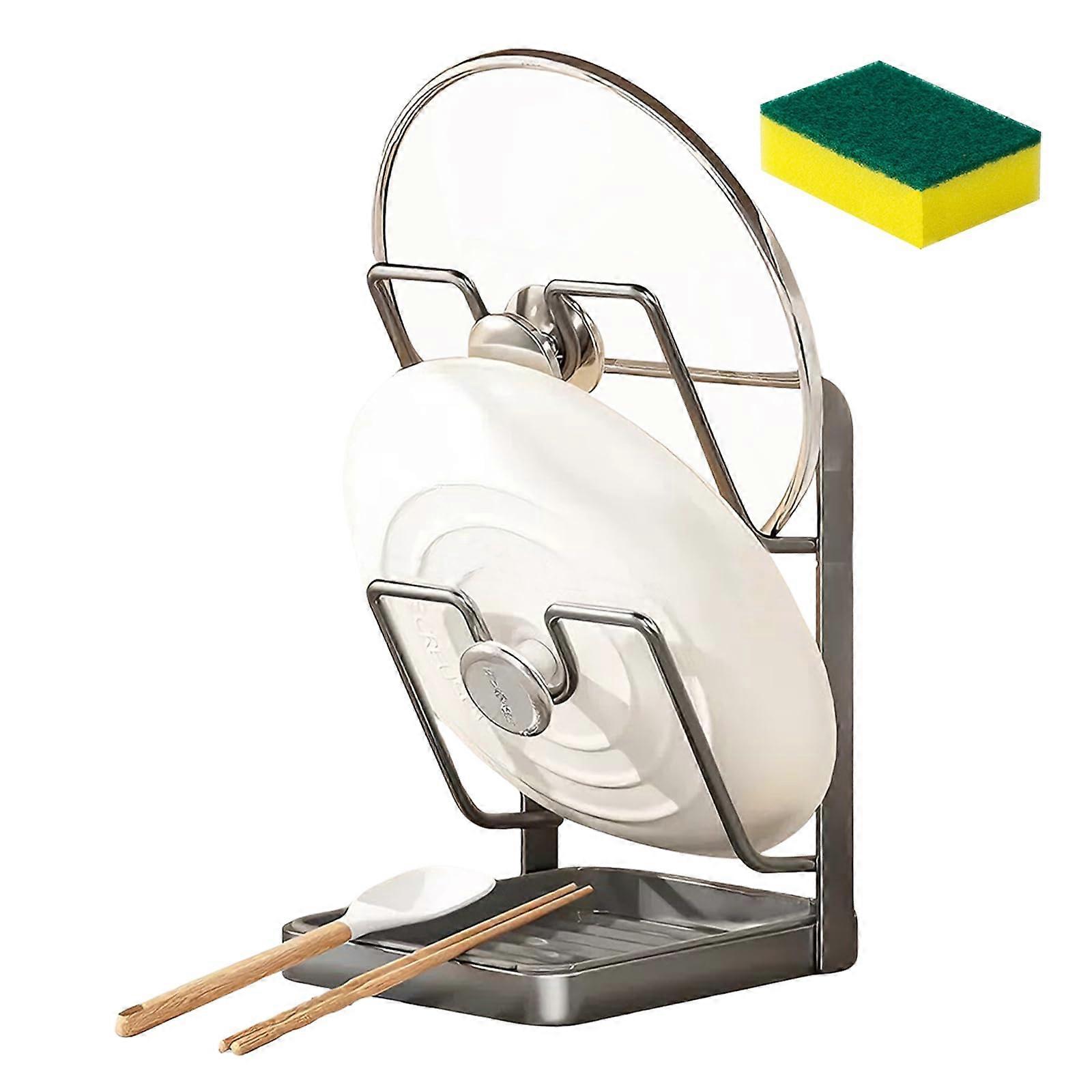 Pot Lid Holder with Removable Drip Tray, DoubleLayer Countertop Organizer Rack in Gray