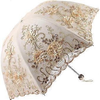 Vintage Spitze UV-Schutz Sonnenschirm Falten 3D Blume Stickerei Regenschirm Gelb