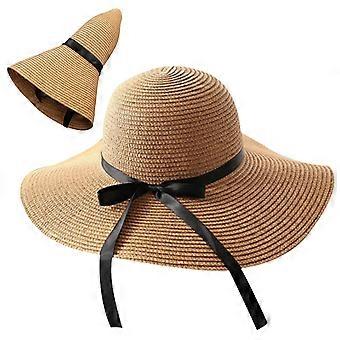 Damen-Sonnenhut aus Stroh mit breiter Krempe, UPF 50+, verstellbar, faltbar, ideal für Strand, Reisen und Camping, Khaki