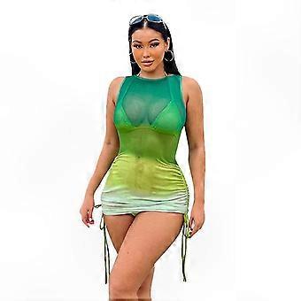 Summer Beach Women Mesh Halter Bikinis Set with Drawstring Cover Up