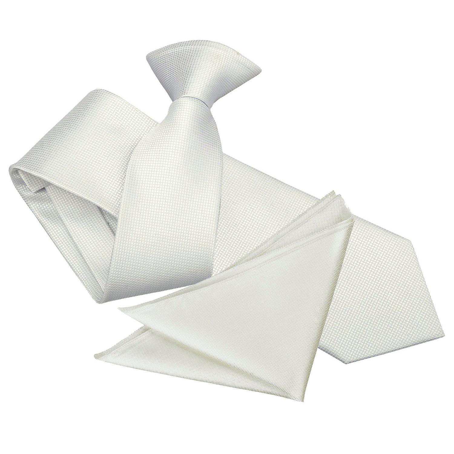 White Solid Check Clip On Slim Tie and Pocket Square Set