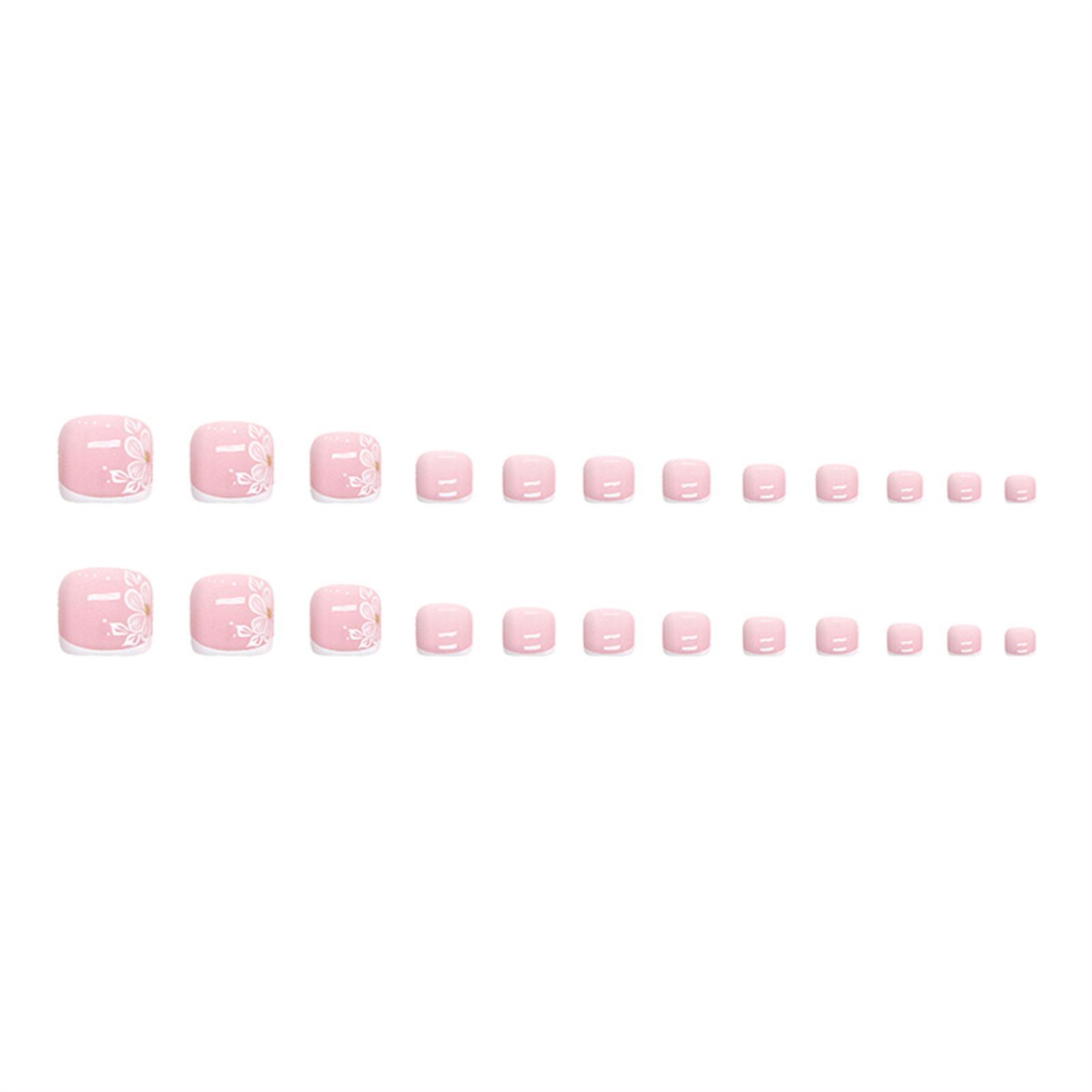 Sweet Artificial Stick On Toenail Short Square White Edge Flower Gel Toe Nails Tips For Diy At-home Manicure Kit