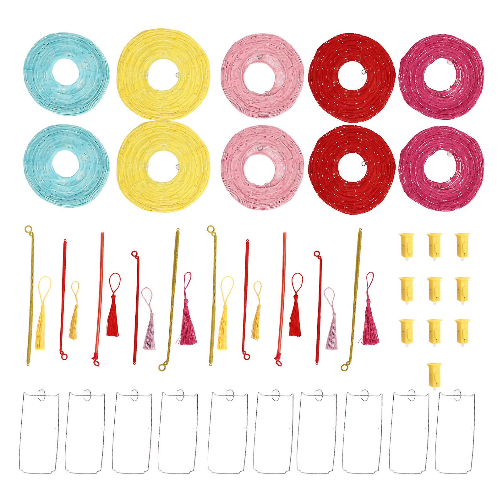 10 Sets Round Paper Lanterns Collapsible Assorted Colors Waterproof Hanging Paper Lanterns with Lights for Decoration