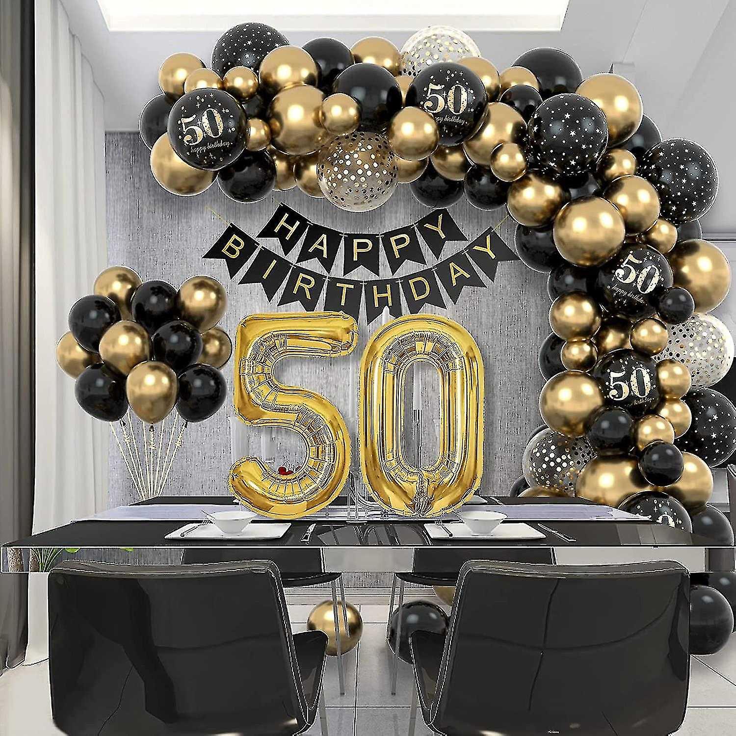 Decorazioni Per 50° Compleanno Uomo/Donna | Kit Con Striscione Glitter Oro Nero E Topper Per Torta