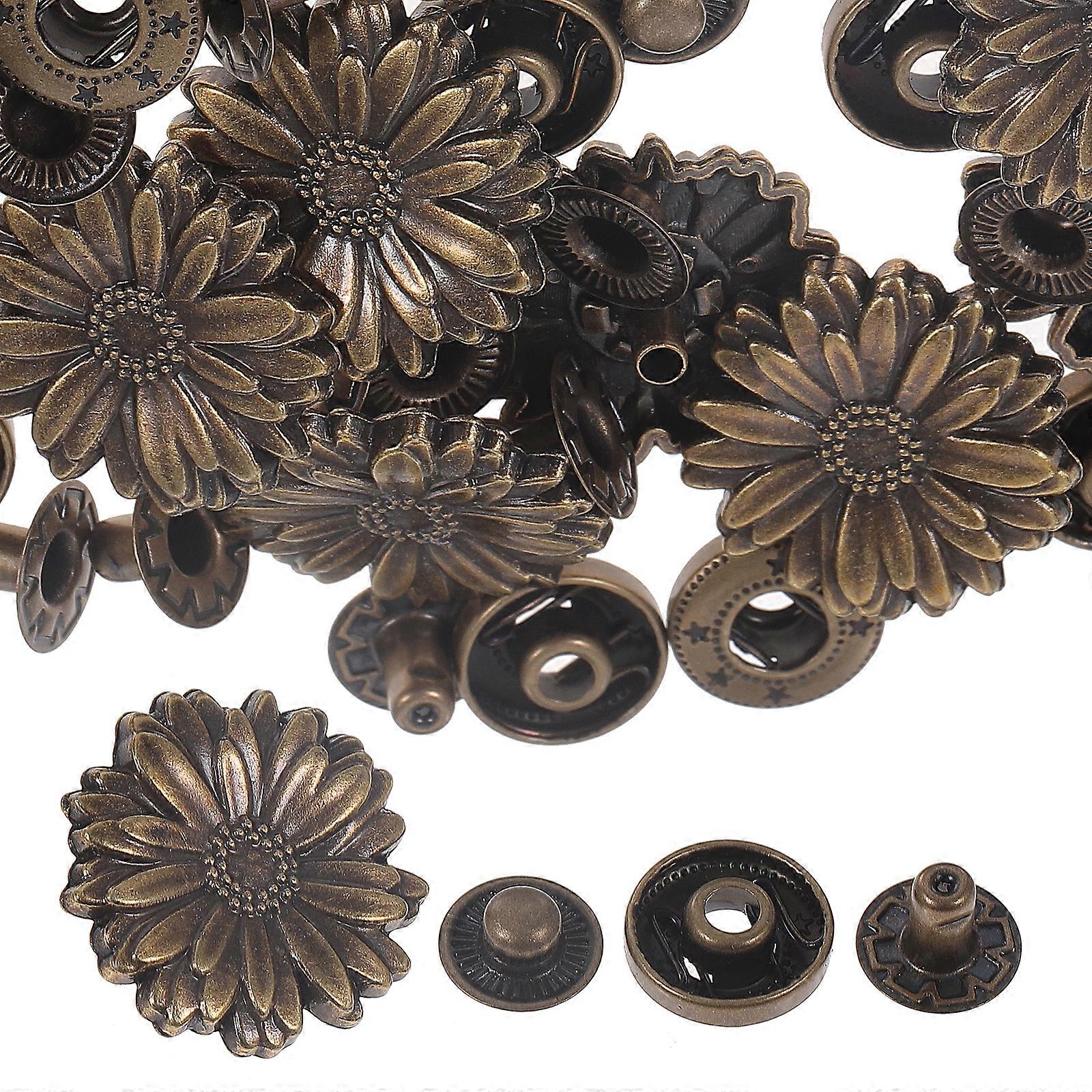 10 Sets Zinc Alloy Retro Daisy Shape Snap Button Costume Bag Buckle Fittings Clasp Button Craft with Base Accessories (Bronze)