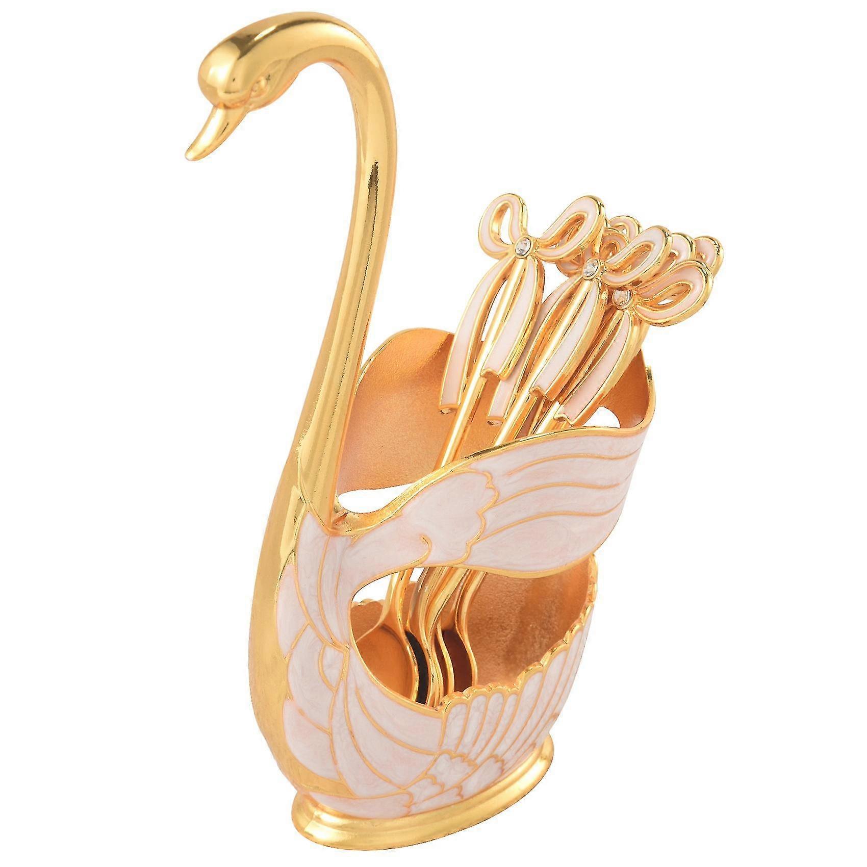 Dinnerware Set,zinc Alloy Fruit Cake Fork Coffee Tea Spoon Swan Holder Cutlery Set 1xswan Holder+ 6