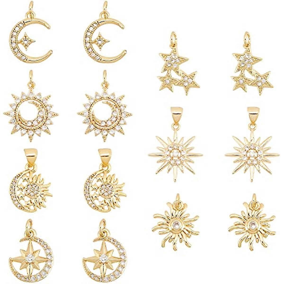 14stk kubisk zirkonia månevedhæng charms solmåne stjerne blomstervedhæng 18K forgyldte messingvedhæng dingler charms til valentinsdag