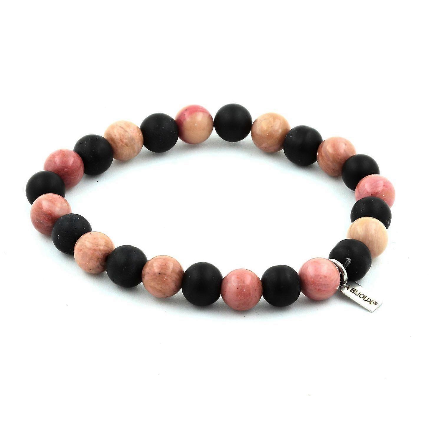 Rhodonite Beads Bracelet + Matte Black Onyx 8 mm