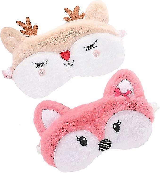 2個かわいい動物の睡眠マスク漫画のキツネエルクソフトぬいぐるみ目隠しスリープマスクアイカバー旅行昼寝夜スリーピングピンクカキホワイト20 * 8cm / 7.87 "* 3.15"