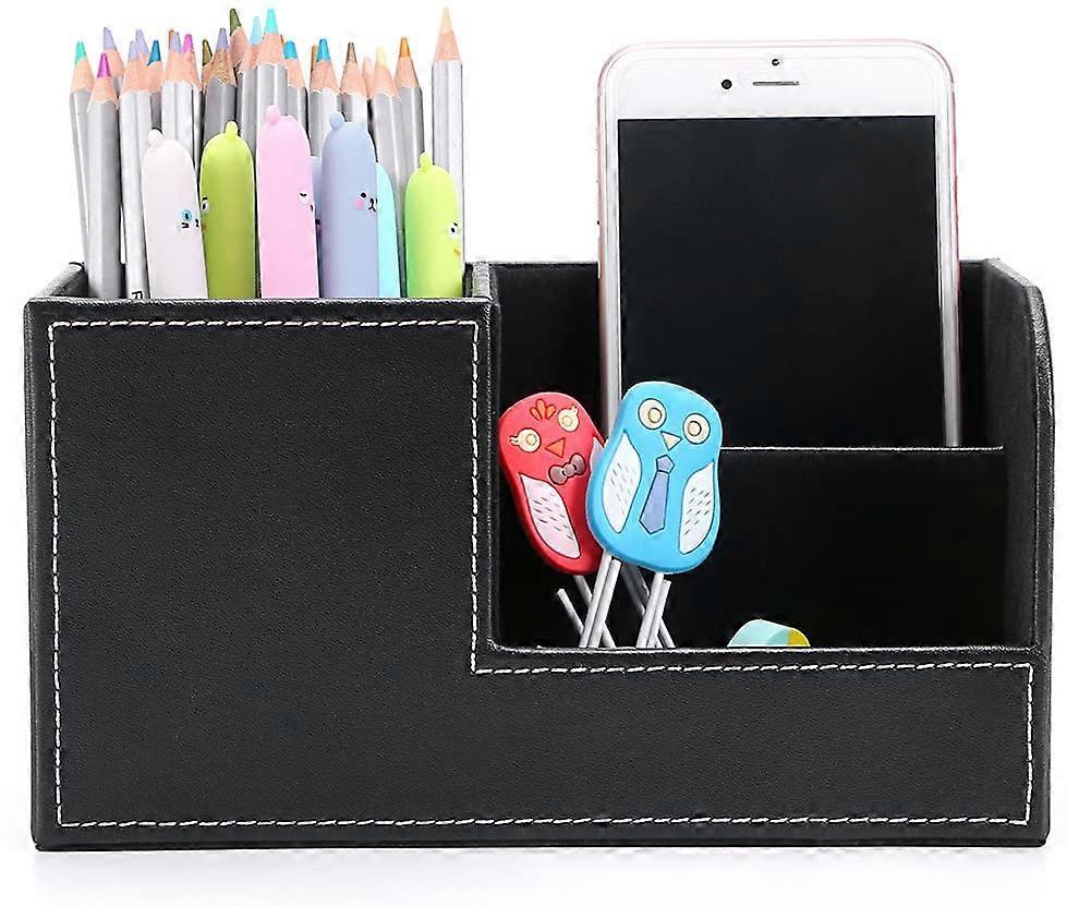 Desk Pen Pencil Holder Leather Multi-Function Desk Stationery Organizer Storage Box