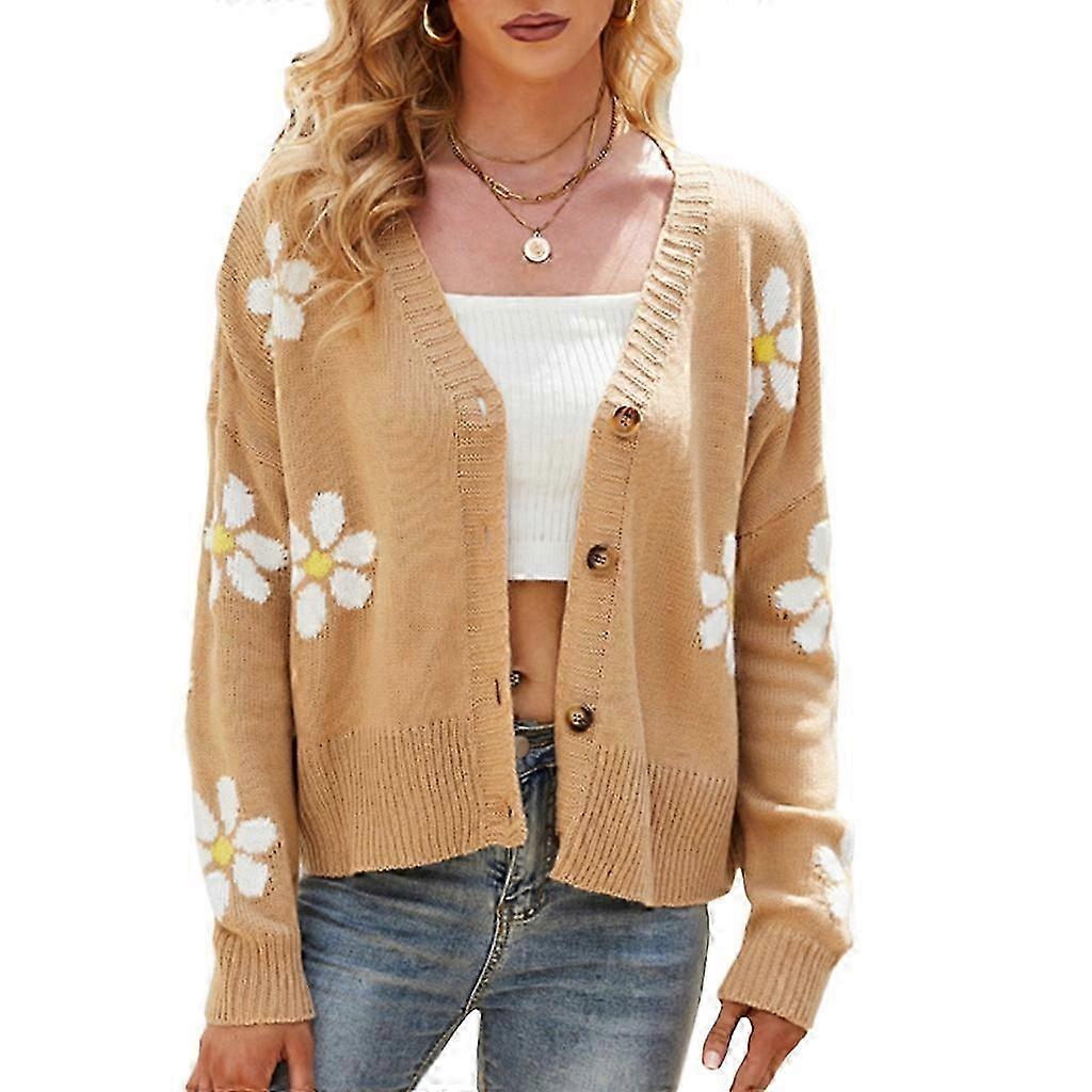 Damen Blumen Strickjacke Langarm Offen vorne Button Down Strickpullover mit V-Ausschnitt