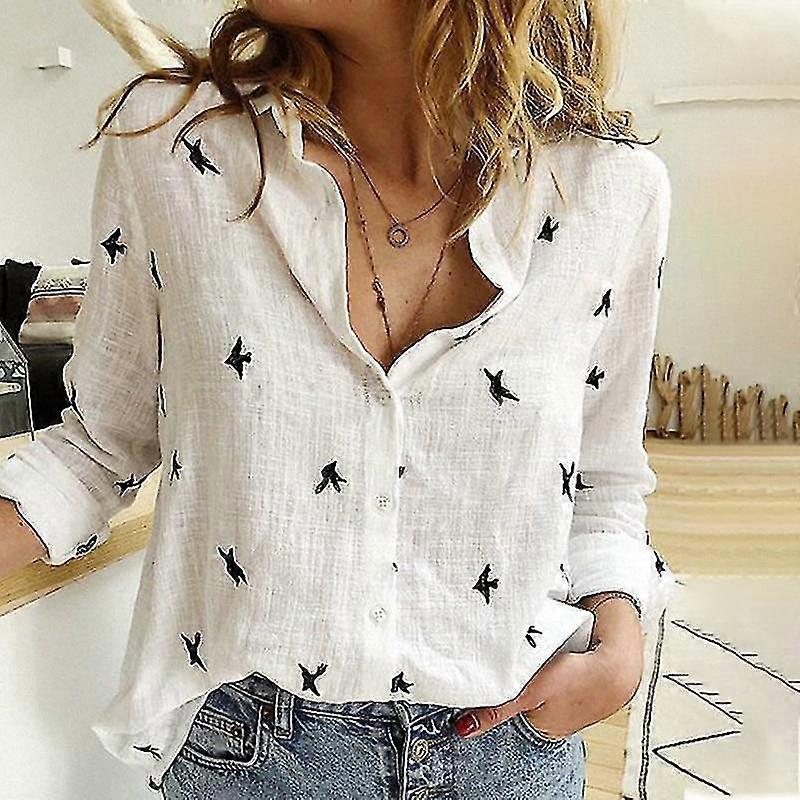 Women's Birds Print Shirts, Spring Summer Loose Cotton Long