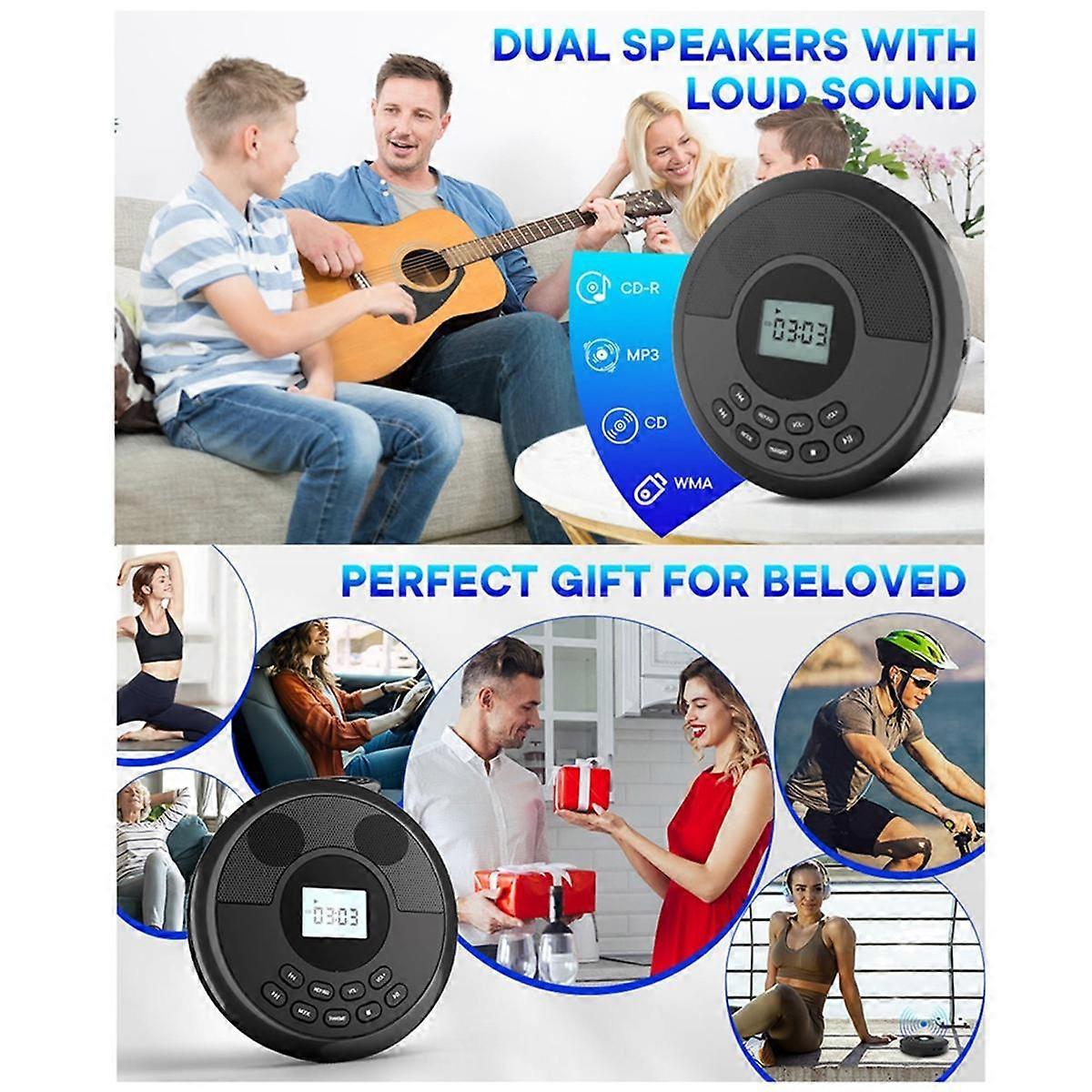 Portable Bluetooth CD Player Rechargeable Discman with Dual Speakers and Headphones Walkman Cd Player Mp3 Player Black