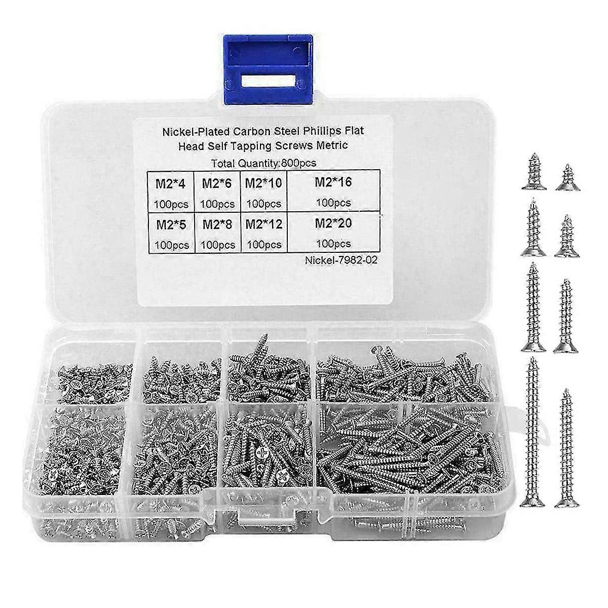 800pcs M2 Self-tapping Screws Assortment Set -head Screws Flat Head Countersunk Head Screws For Plas