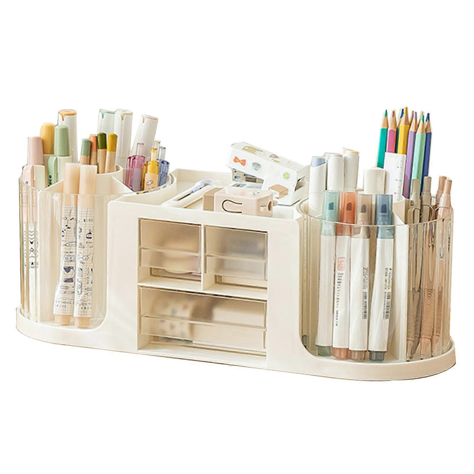 Pen Holder with Drawer Desk Organizer Transparent Rotatable Design Large Capacity Pencil Pen Holder Storage Box