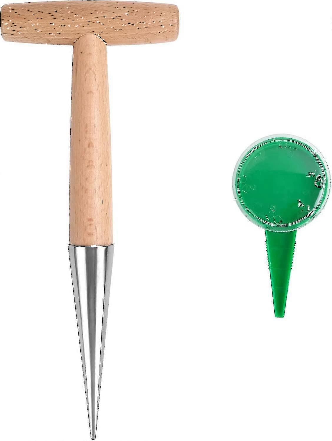 Dibber,28cm Garden Hand Tool Gardening Hole Puncher Bulb Planter Stainless Steel Planter With Wooden Handle