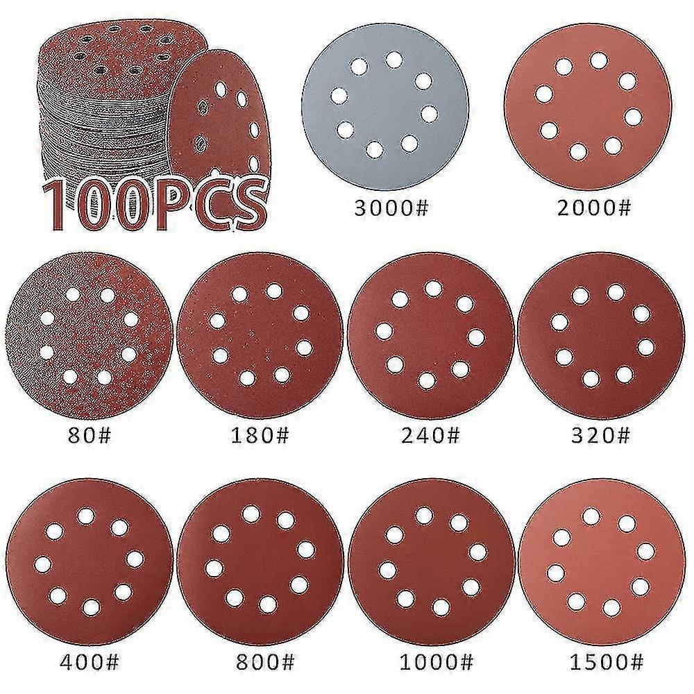 100pcs 125mm الصنفرة الرملي 8 أقراص حفرة جولة شكل هوك حلقة الرملي ورقة تلميع ساندر تلميع لوحة