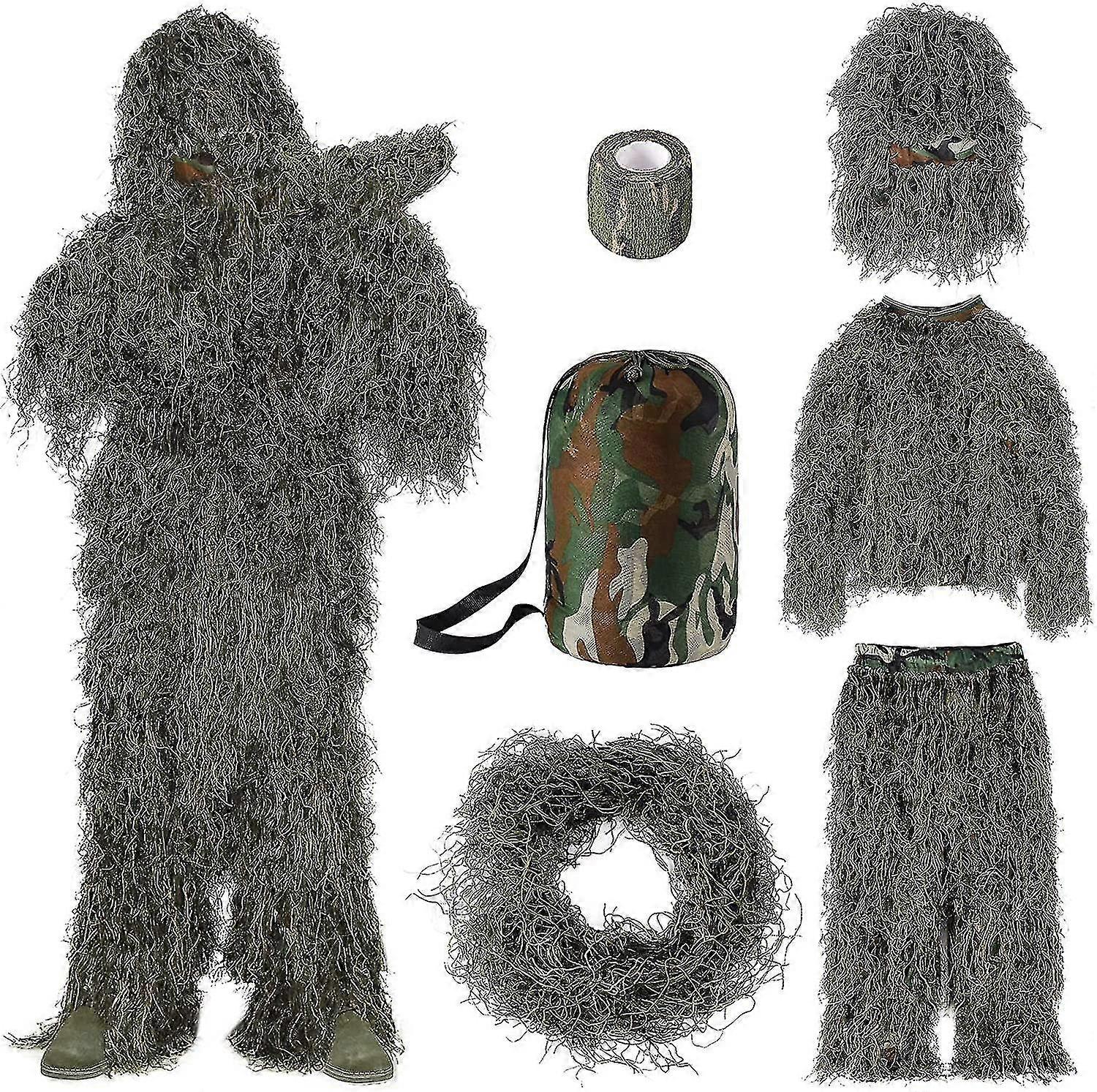 6 في 1 بدلة Ghillie ، ملابس صيد مموهة 3D بما في ذلك سترة ، سراويل ، غطاء محرك السيارة ، حقيبة حمل وأشرطة كامو ، مناسبة للرجال الصيد ، الجيش ، القناص
