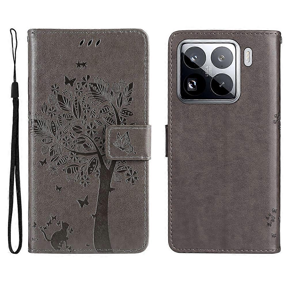 For Xiaomi 15 Pro Case Cat Tree Pattern Flip Leather Phone Cover - Grey