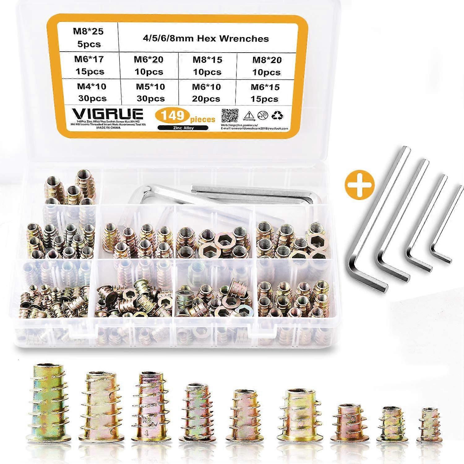 149PCS M4 M5 M6 M8 Hex Socket Screw Nut Zinc Alloy Furniture Threaded Inserts Socket Screw Inserts Nut Assortment Tool Kit for Wood Furniture