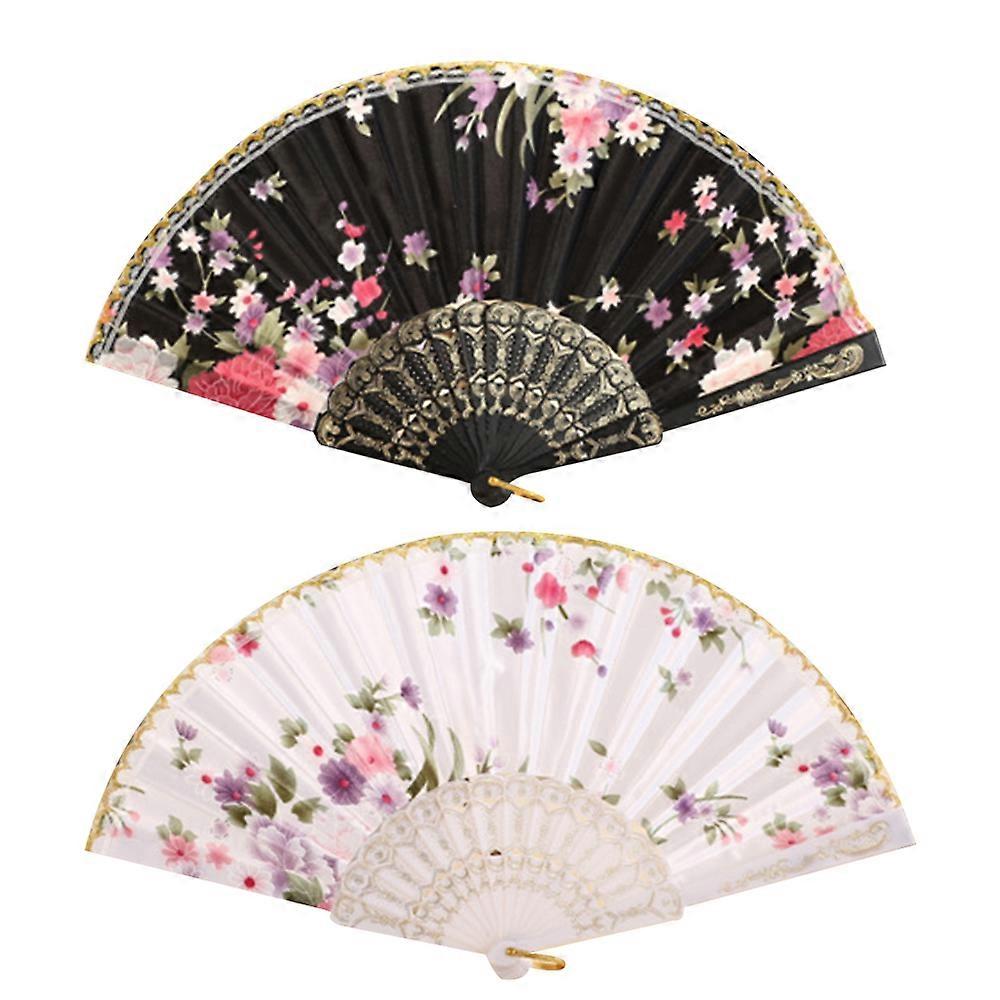 2pcs Floral Folding Hand Fan Vintage Handheld Lace Folding Fan