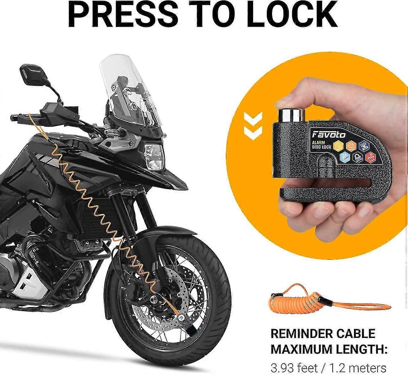 盗難防止オートバイディスクロックディスクロック、 110db アラーム付き ディスクロックスクーターバイク、 2 キー /1 L キー / スペアバッテリー / リマインダーケーブル 7mm 厚ディスクブレーキ