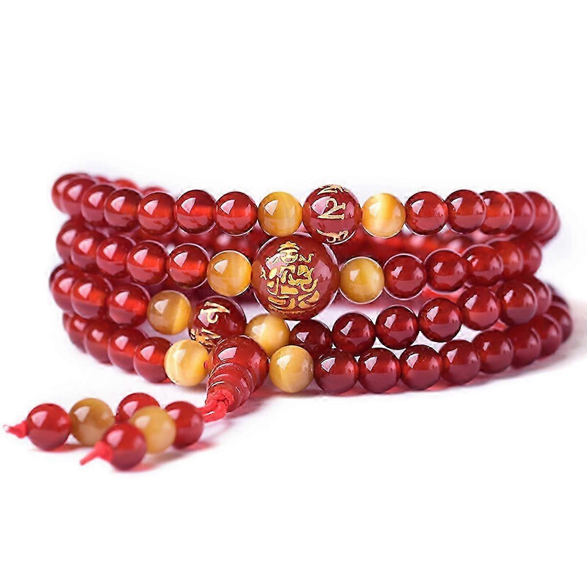 Natural Red Agate Bracelet 108 Round Beaded Semi Precious Gemstone Buddha Bracelet
