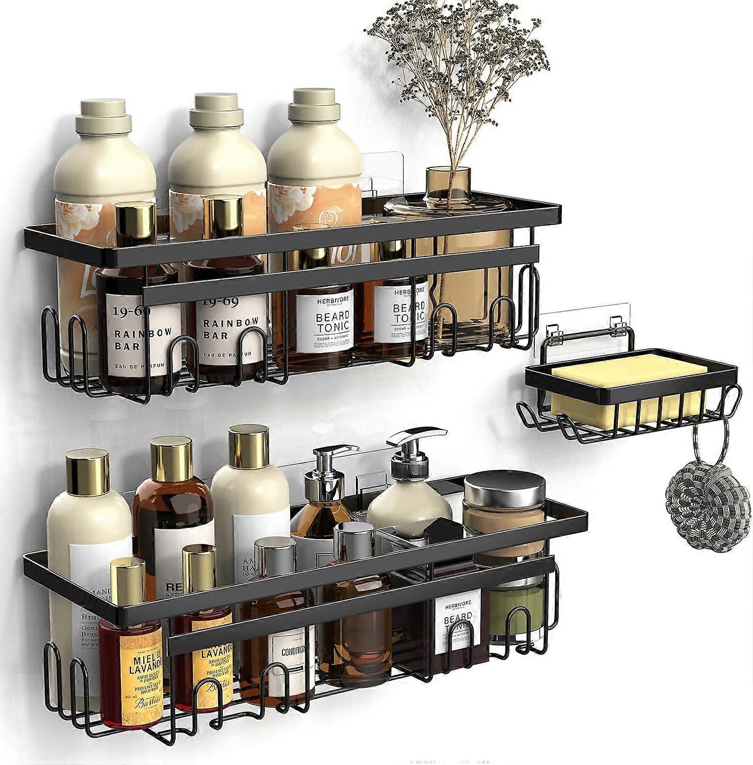 Bathroom Shelf with Soap Dish, 3PCS, Shower Shelf without Drilling, Rustproof Bathroom Accessory, Storage (Black)