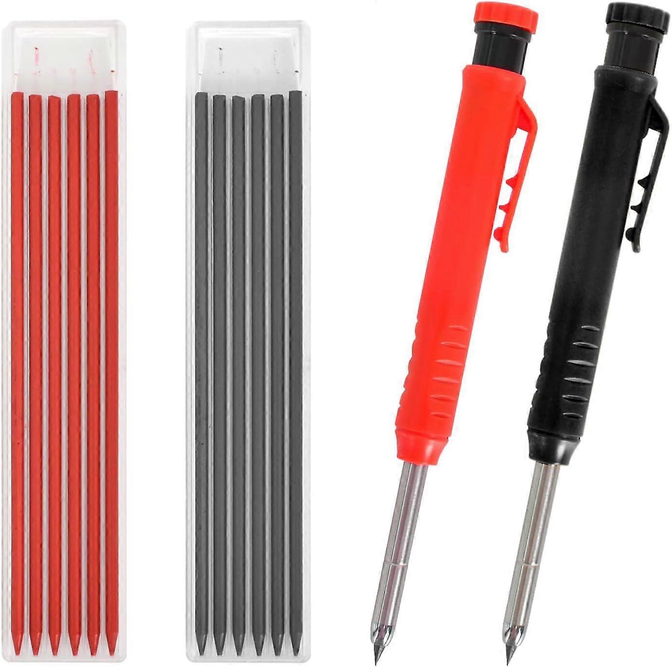 Mechanical Carpenter Pencils, Deep Hole Marker Pencils, 2 Pack Carpenter Pencils with 12 Refills, 2.8mm Graphite Refills Carpenter Pencils (Black + R