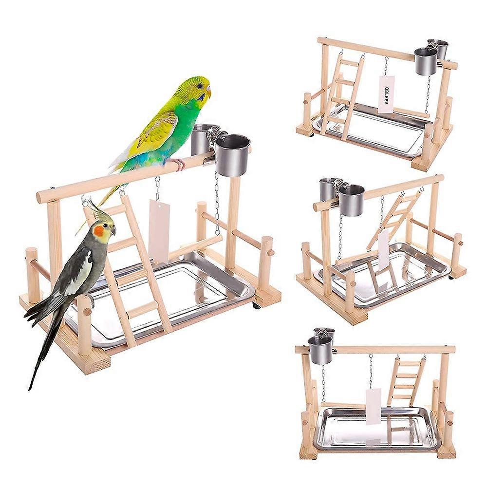 Wood Bird Playground Parrot Playstand with Feeder Cups Ladder Versatile Exercise Swing Toys for Para
