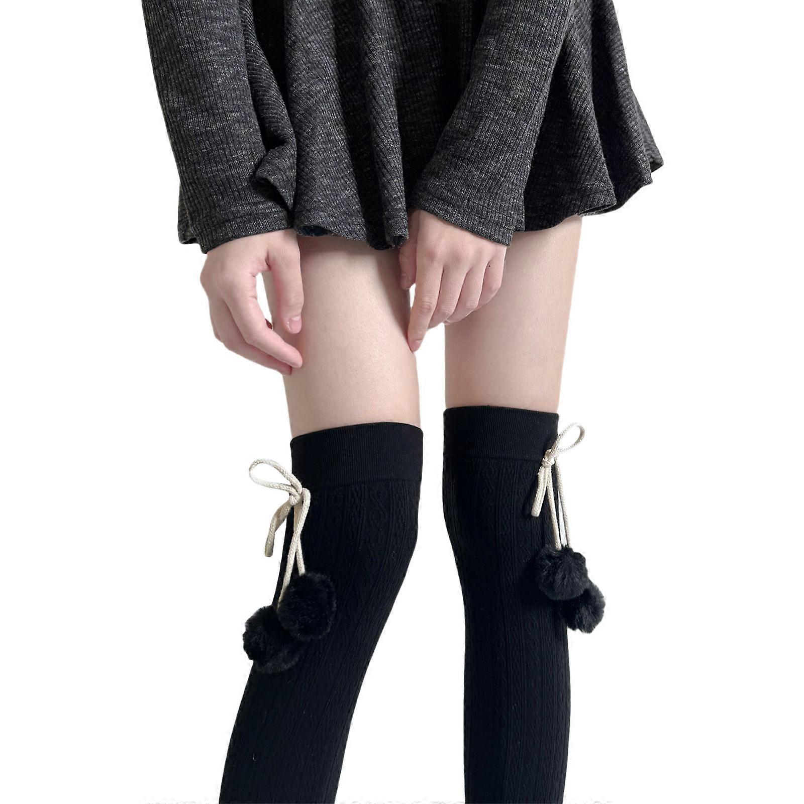 Femmes Twist Jacquard Over Knee Winter Boot Chaussettes Mignon Boules En Peluche Arcs Couleur Unie Cuisse Longue Jambe Haute Jambe Plus Bas Noir Boule Sur Noir 