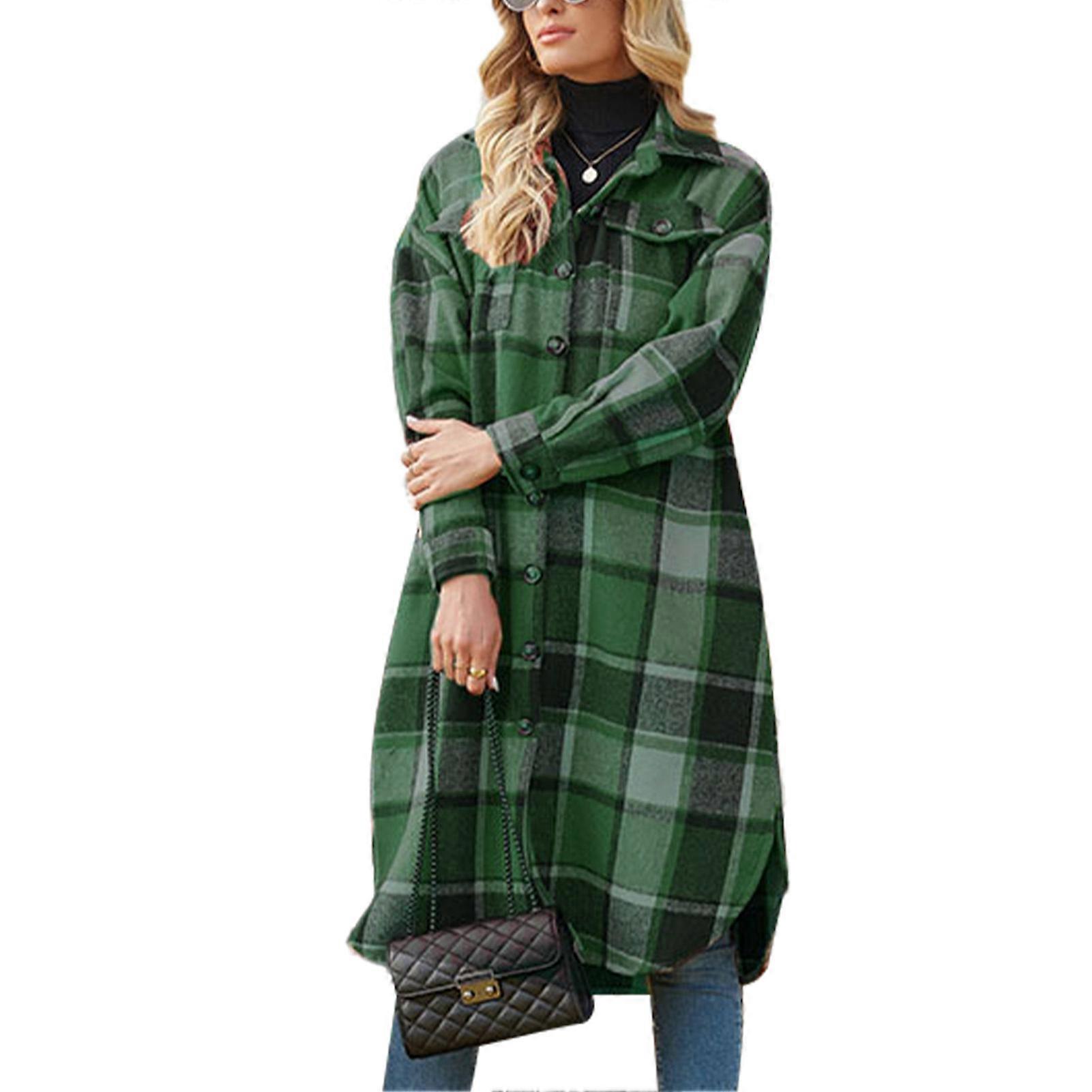 Women Coat Plaid Printed Split Hem Turn Down Collar Single Row Button Loose Pocketed Shacket