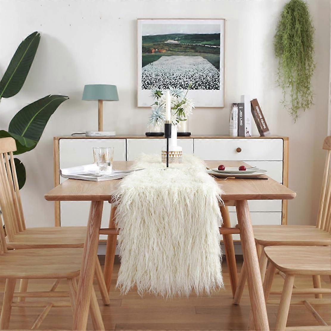 Faux Mongolian Fur Long Plush Table Runner, Rectangular, Acrylic Modern, Luxury Decor, 12x87 Inch Dining Room