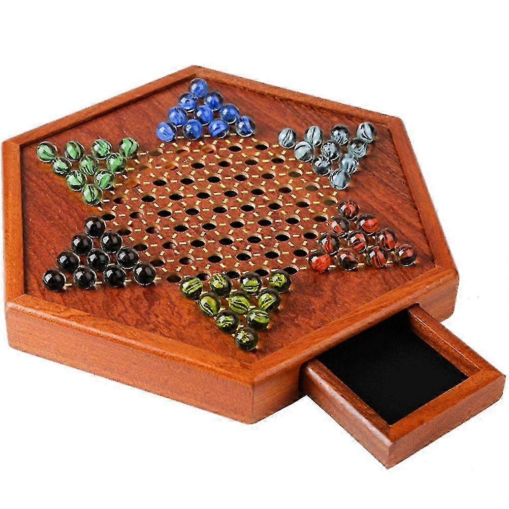 Portable Chinese Checkers Board Game with Marbles Wooden Board Game Hexagonal Chinese Checkers Family Game Set Drawer Storage