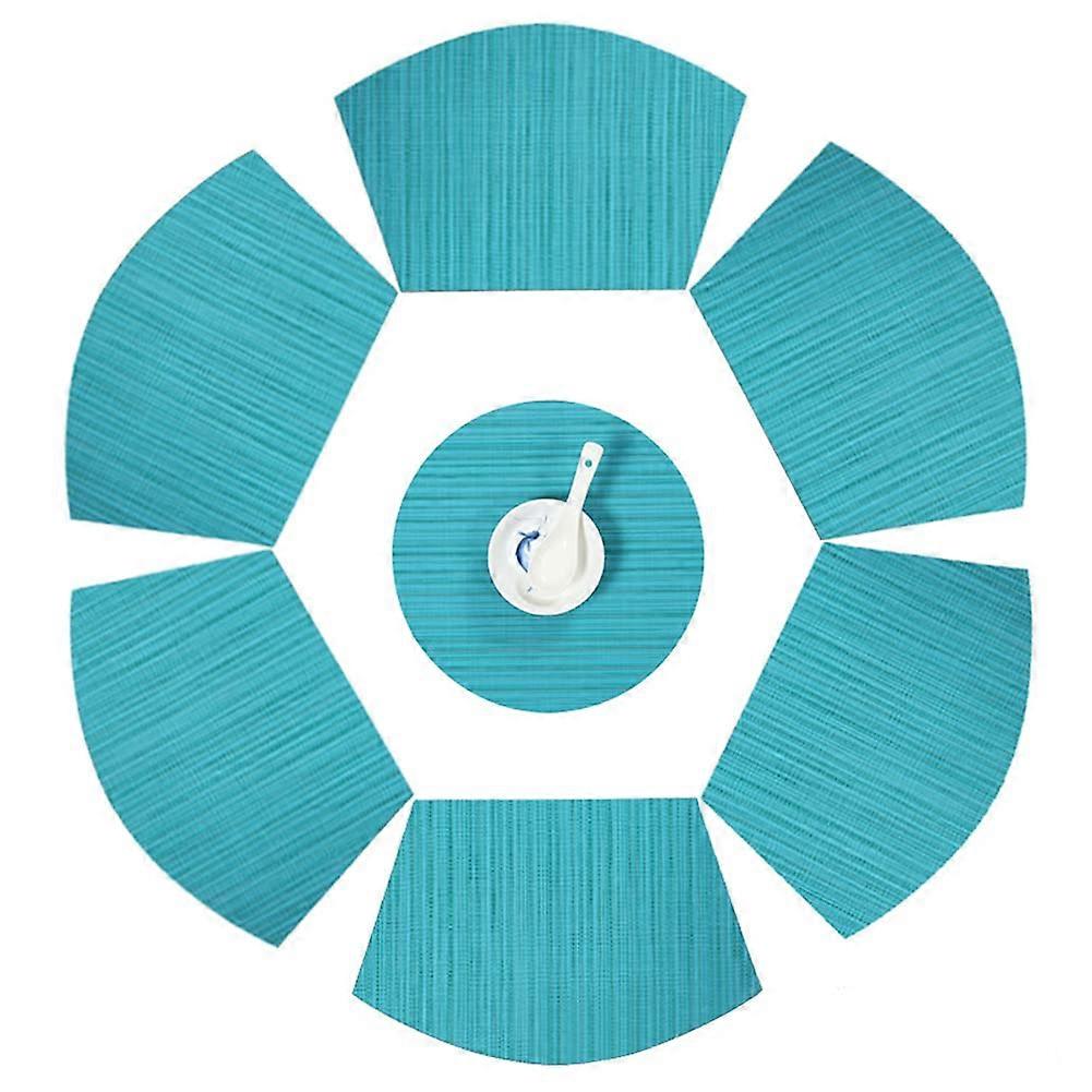 Round Table Placemats Set of 7 Wedge Shaped Washable Blue Dining Table Mats with Centerpiece Round Design