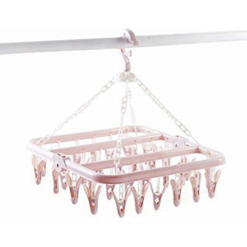 Sock Drying Rack, Plastic Laundry Drying Rack with 30 Windproof Hooks, Modern Style Folding Hanger, for Socks, Underwear, Shoe Inserts, Etc-Pink