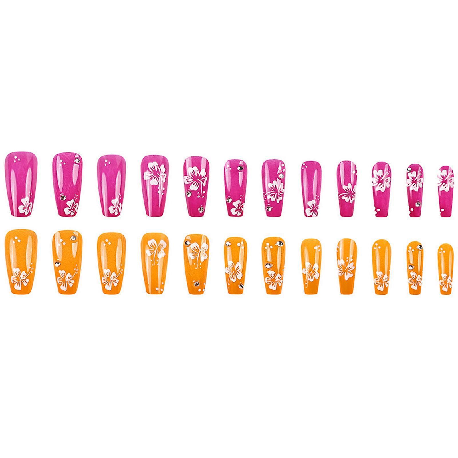 Pink Orange False Nails with Flower Printed Long Lasting Safe Material
