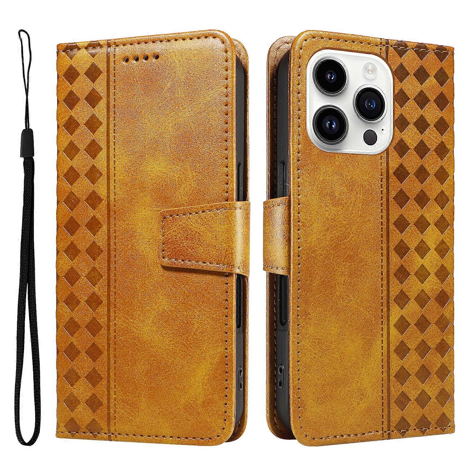 Compatible For iPhone 14 Pro Leather Case Wallet Stand Grids Imprinted Phone Cover with Strap